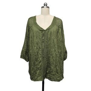 Tru Self Olive Green Crochet Lace Trim Crinkle Blouse Plus Size 3X Boho V-Neck